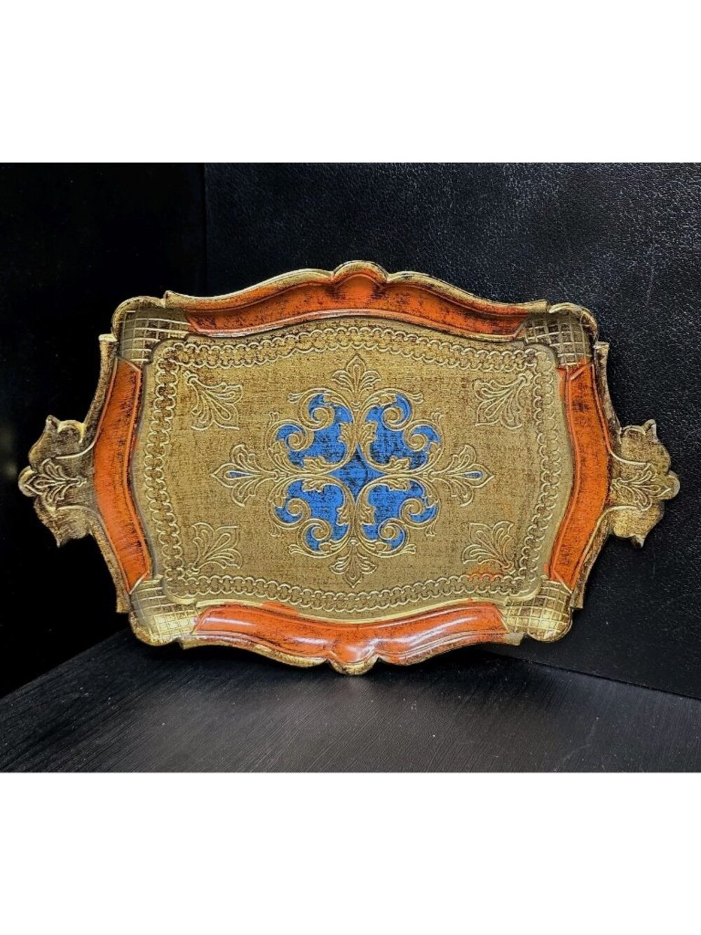 Vtg Florentia Italian Florentine Wood Tray Orange Blue Gilt Gold Ornate Handle